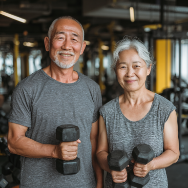 Группа пожилых людей на занятии фитнесом